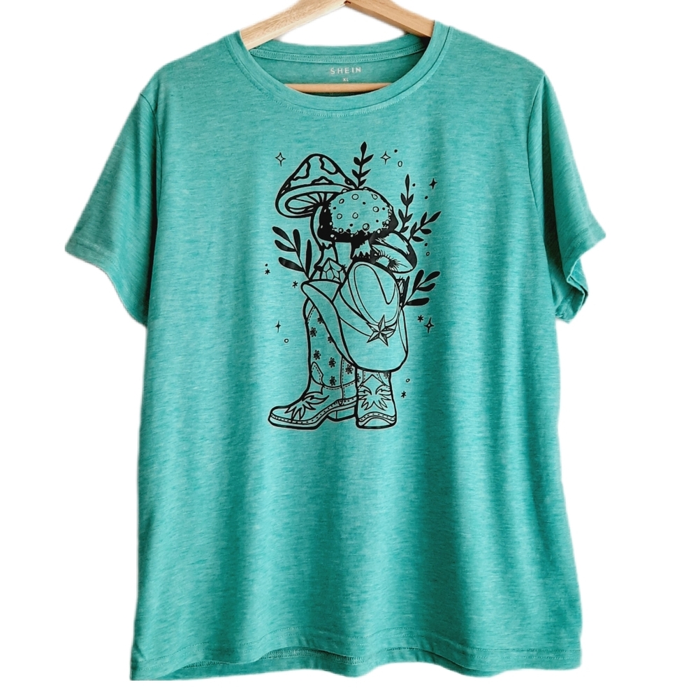 🍒 Mushrooms & Cowboy Boots Crewneck Short Sleeve T-Shirt Blue Green Sz 3X